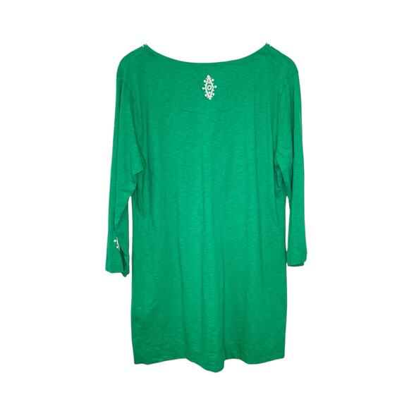 Soft Surroundings Size L Green 3/4 Sleeve Cotton Embroidered Boho Tunic Shirt - Picture 2 of 8